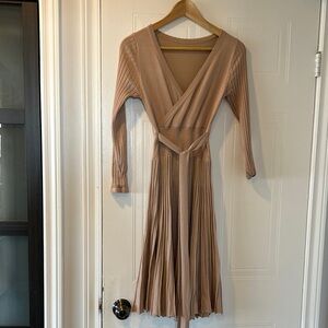 Elegant Tan Pleated Wrap Dress